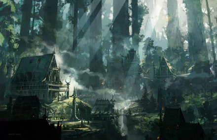 A mystical fantasy city nestled in a dense forest, illuminated by rays of sunlight. This captivating scene serves as a stunning 4K Ultra HD PC desktop wallpaper and background.