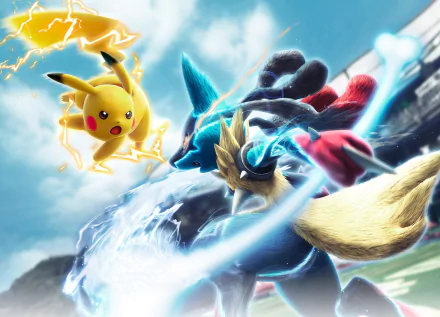 HD desktop wallpaper featuring Pikachu and Mega Lucario clashing in a dynamic battle scene from the video game Pokken Tournament.