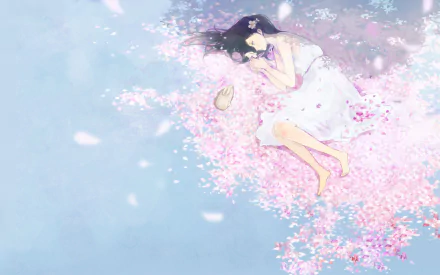 Original Spring Anime HD PC desktop wallpaper: anime girl in a white dress lying amid swirling sakura cherry blossom petals against a soft pastel spring sky.