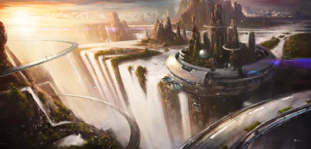 A futuristic sci-fi landscape featuring towering waterfalls and advanced circular structures, rendered in high-definition as a PC desktop wallpaper.