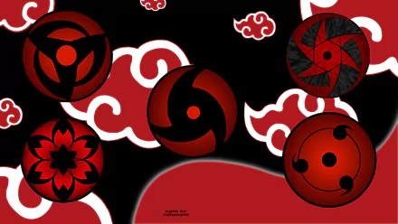 HD desktop wallpaper featuring five distinct Mangekyō Sharingan designs from the anime Naruto against a black background with red and white clouds.
