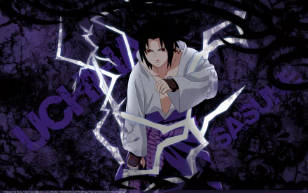 HD PC desktop wallpaper featuring Sasuke Uchiha from the anime Naruto, depicted with lightning effects and a dark, textured background.
