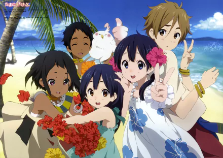 Anime scene from Tamako Market featuring Mochizo Oji, Dera Mochimazzi, Anko Kitashirakawa, Mecha Mochimazzi, Choi Mochimazzi, and Tamako Kitashirakawa on a sunny beach.