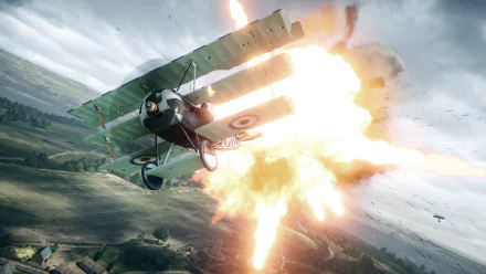 HD PC wallpaper featuring a fiery explosion behind a biplane aircraft in intense aerial combat from the video game Battlefield 1.