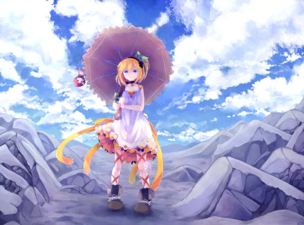 Edna from Tales of Zestiria the X stands confidently with an umbrella against a beautiful sky, adorned in a colorful outfit amidst rocky terrain in this vibrant HD anime wallpaper.