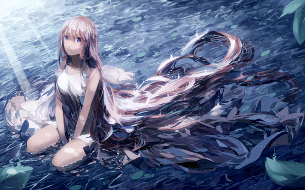 A serene HD desktop wallpaper featuring Luka Megurine from Vocaloid, depicted sitting gracefully in a tranquil, water-like environment with flowing hair and soft light filtering through.