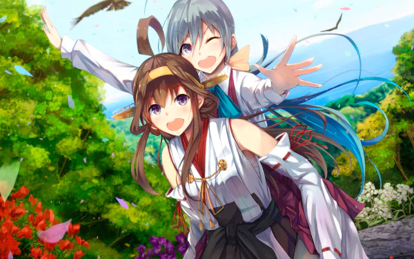 HD PC desktop wallpaper featuring Kiyoshimo and Kongou from Kantai Collection, depicted in vibrant anime style with a bright outdoor background.