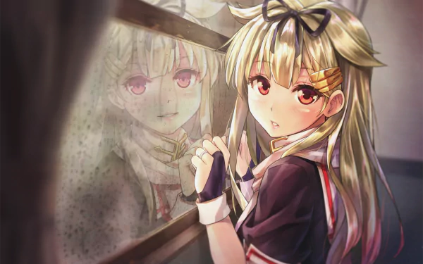 A stunning HD wallpaper featuring Yuudachi from Kancolle, showcasing her with a wistful expression as she gazes out a window, reflecting a captivating anime aesthetic.