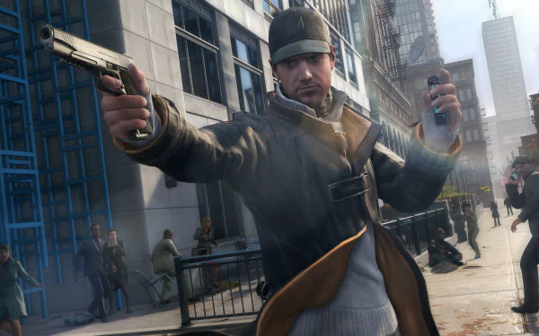 Aiden Pearce from Watch Dogs aims a handgun in a detailed 4K Ultra HD PC desktop wallpaper set in an urban environment.