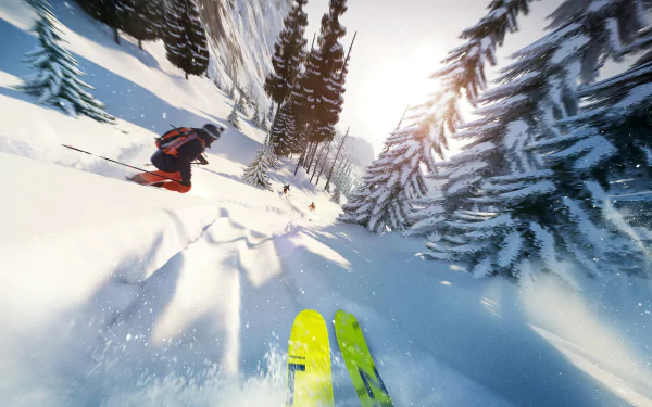 4K Ultra HD PC desktop wallpaper featuring intense downhill skiing from the video game Steep, showcasing snowy mountain slopes and pine trees in vivid detail.