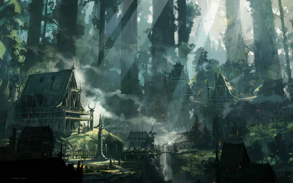 A mystical fantasy city nestled in a dense forest, illuminated by rays of sunlight. This captivating scene serves as a stunning 4K Ultra HD PC desktop wallpaper and background.