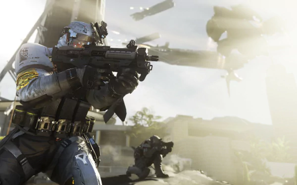 HD PC desktop wallpaper from the video game Call of Duty: Infinite Warfare, featuring armed soldiers in futuristic combat gear amid a battle scene.
