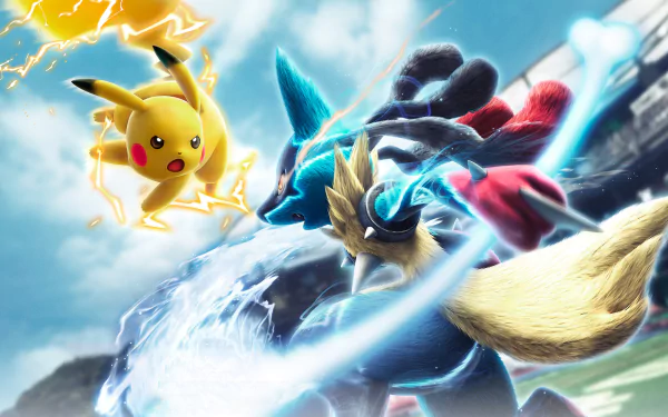 HD desktop wallpaper featuring Pikachu and Mega Lucario clashing in a dynamic battle scene from the video game Pokken Tournament.