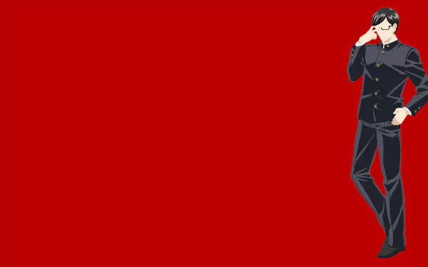 Sakamoto from Haven't You Heard I'm Sakamoto stands in his school uniform against a bold red background — 4K Ultra HD anime PC desktop wallpaper/background.
