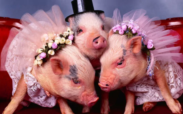 Three dressed pigs wearing tulle and flower crowns pose together, creating a charming and whimsical scene. This HD wallpaper adds a playful touch to any desktop background.