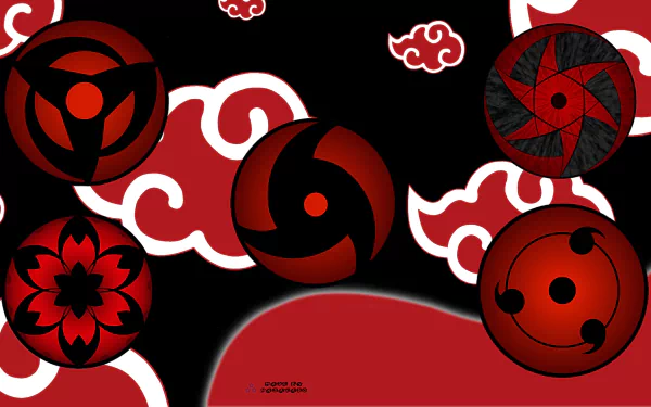 HD desktop wallpaper featuring five distinct Mangekyō Sharingan designs from the anime Naruto against a black background with red and white clouds.
