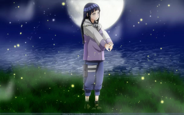 A stunning HD wallpaper featuring Hinata Hyuga from Naruto, set against a serene night backdrop with a glowing moon and shimmering lights, creating a magical atmosphere.