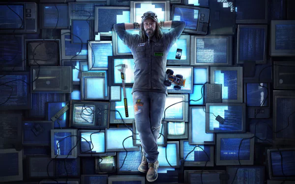 Raymond 'T-Bone' Kenney from Watch Dogs: Bad Blood relaxes against a backdrop of glowing blue computer screens, showcasing striking HD art from the video game Watch Dogs.
