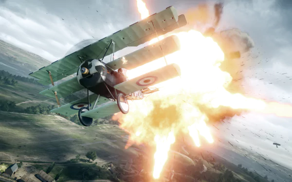 HD PC wallpaper featuring a fiery explosion behind a biplane aircraft in intense aerial combat from the video game Battlefield 1.