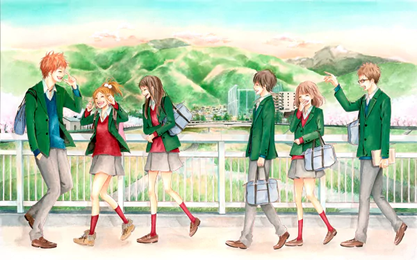 Anime-inspired HD wallpaper featuring characters Hiroto Suwa, Azusa Murasaka, Saku Hagita, Takako Chino, Kakeru Naruse, and Naho Takamiya in vibrant orange tones amidst a picturesque background.