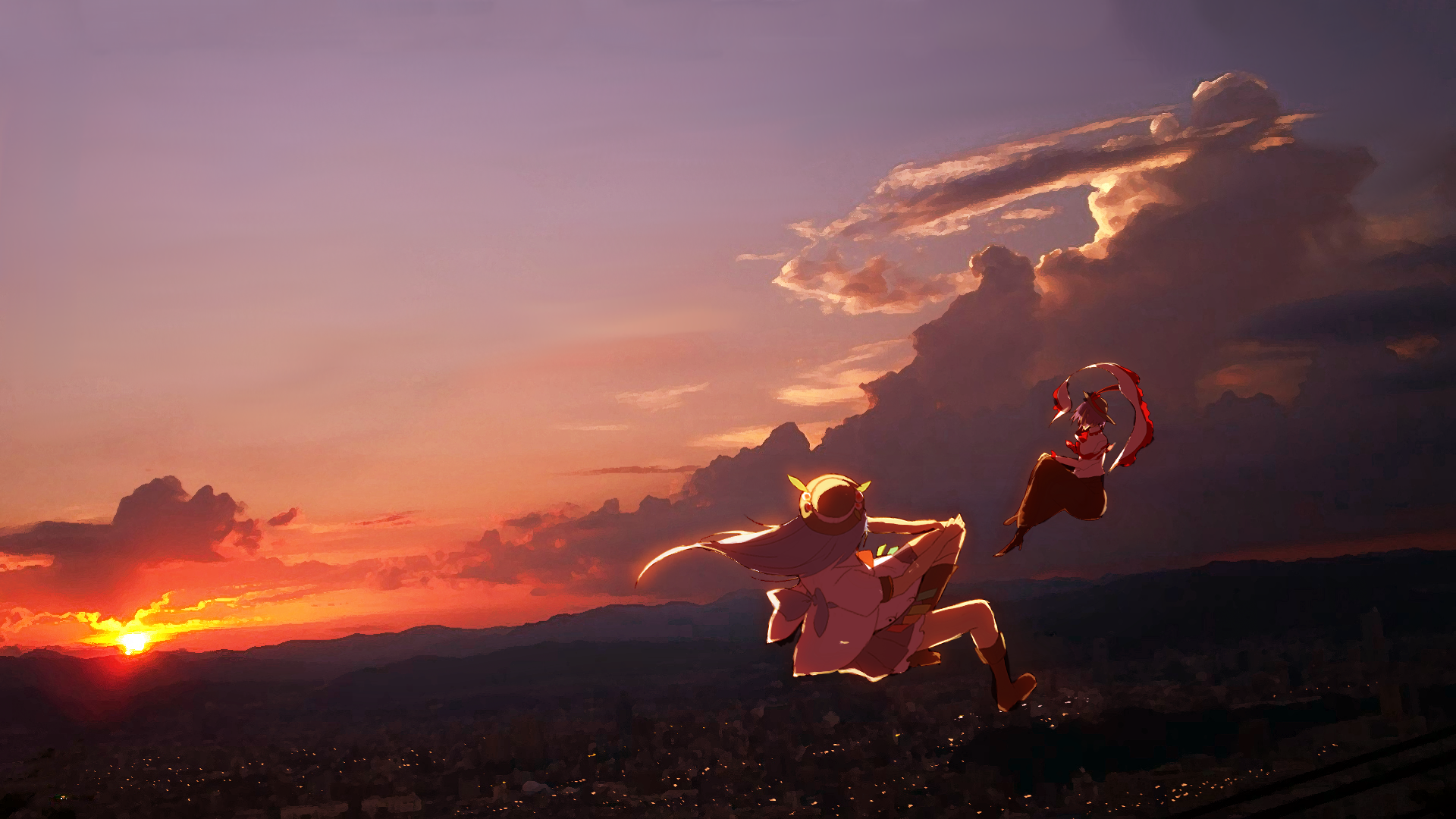 HD PC desktop wallpaper featuring anime characters Tenshi Hinanawi and Iku Nagae from Touhou against a vibrant sunset sky background.