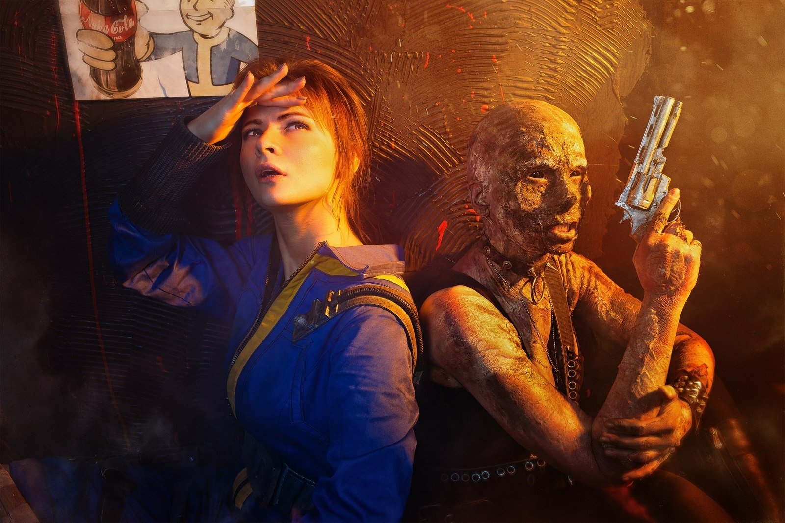 HD PC desktop wallpaper featuring a woman cosplaying as Sole Survivor from Fallout 4, alongside a detailed figure holding a revolver in a gritty, atmospheric setting.