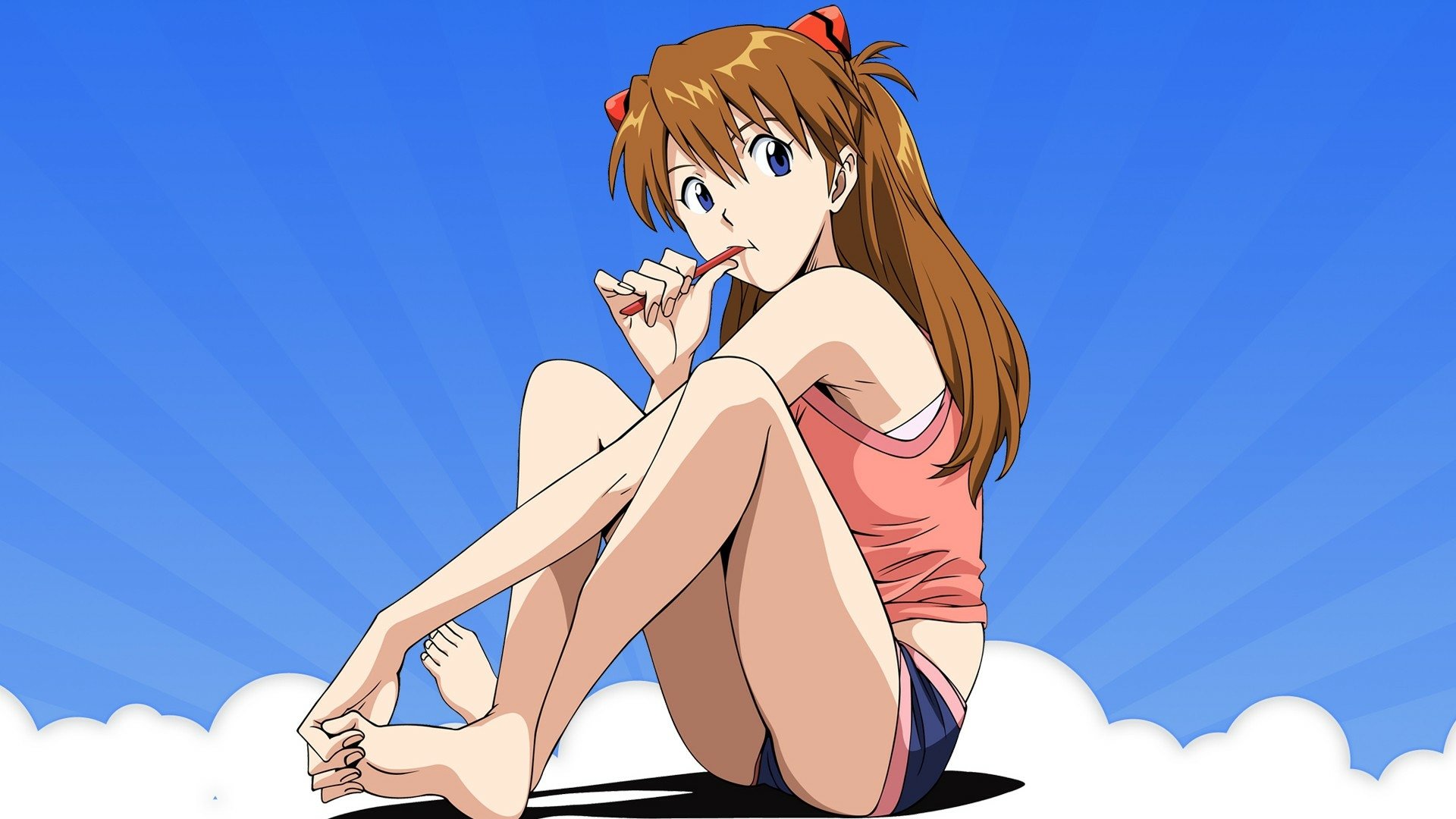 HD anime desktop wallpaper featuring Asuka Langley Sohryu from Neon Genesis Evangelion against a bright blue sky background.