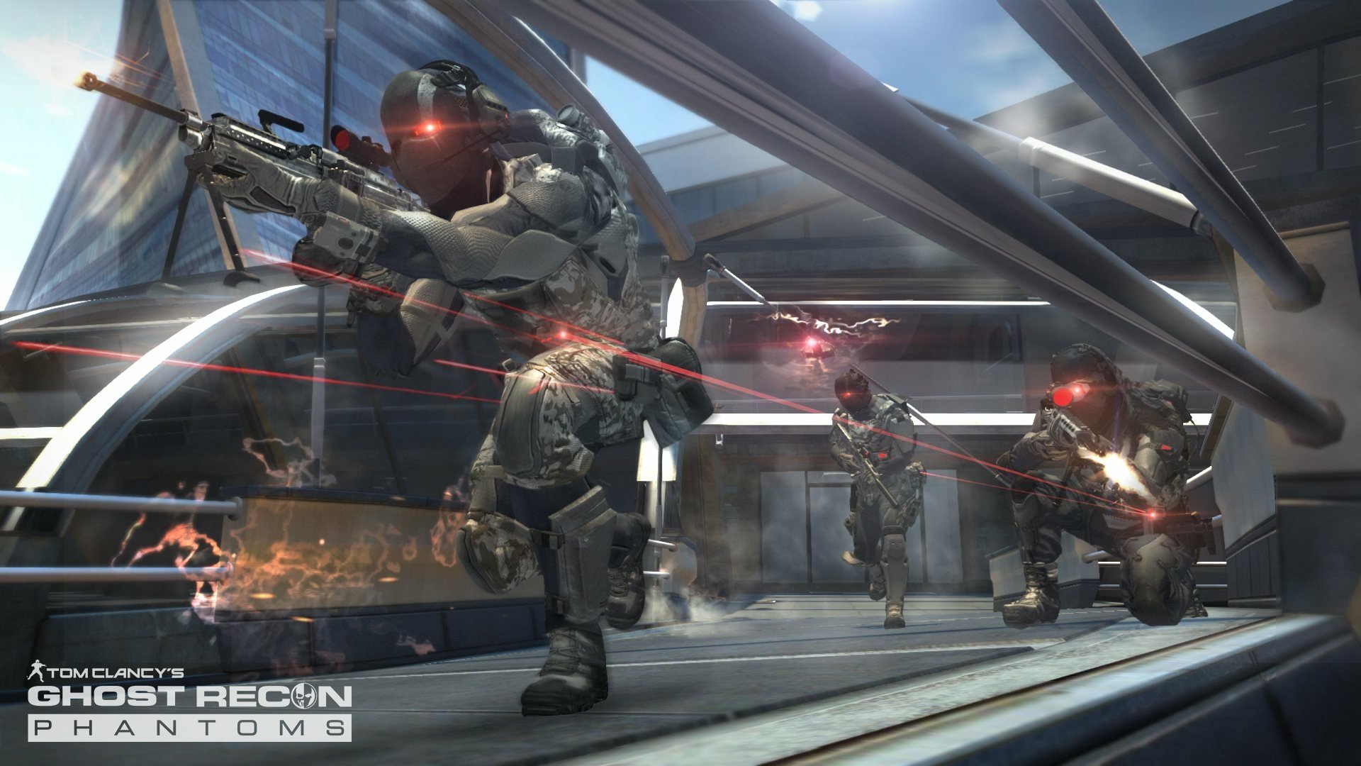 HD PC desktop wallpaper featuring intense combat scenes from the video game Tom Clancy's Ghost Recon Phantoms, with heavily armed soldiers in futuristic gear.