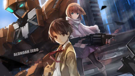 Asseylum Vers Allusia and Inaho Kaizuka stand dramatically against a futuristic backdrop, featuring mechs, in this HD Aldnoah.Zero anime wallpaper.