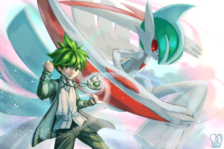 A vibrant HD wallpaper featuring Wally with green hair alongside Mega Gallade, from Pokémon: Omega Ruby and Alpha Sapphire, in a dynamic, colorful background.