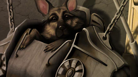 HD desktop wallpaper of Fallout 4 featuring Dogmeat peeking from a piece of Power Armor. The image combines elements from the video game in a detailed and immersive background.