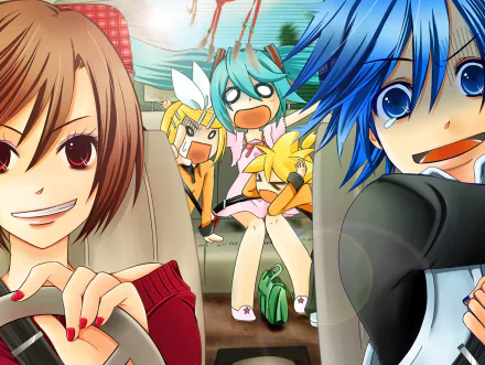 HD PC desktop wallpaper featuring chibi-style Vocaloid characters Len Kagamine, Rin Kagamine, Meiko, Kaito, and Hatsune Miku in a lively anime scene.