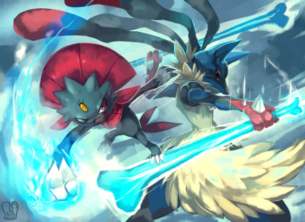 HD desktop wallpaper from the video game Pokken Tournament, featuring Weavile with red eyes and claws, and Mega Lucario brandishing a glowing blue bone. Both Pokémon are depicted in action.