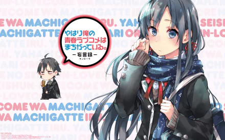 HD desktop wallpaper featuring Hachiman Hikigaya and Yukino Yukinoshita from the anime My Teen Romantic Comedy SNAFU. Colorful art with character quotes enhances the aesthetic.