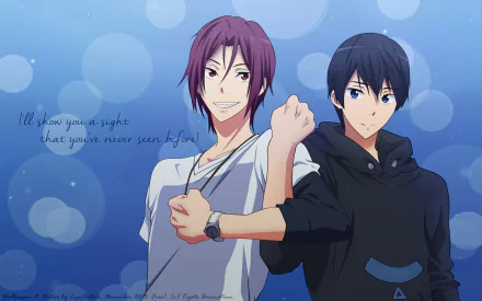 A vibrant HD wallpaper featuring Haruka Nanase and Rin Matsuoka from the anime Free!, showcasing their friendship against a soft blue background with an inspiring quote.