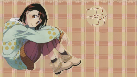 A HD desktop wallpaper featuring Kosaki Onodera from the anime Nisekoi, showcasing her playful expression against a pastel checkered background.
