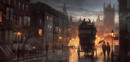 A sweeping, artistic landscape of a town at dusk, featuring a vintage bus and lamplight reflecting off wet streets, creates a captivating, atmospheric HD wallpaper.