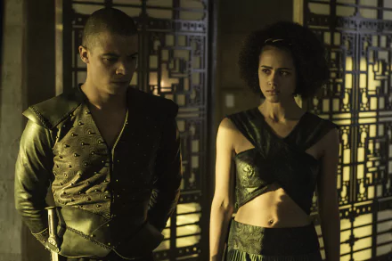 Jacob Anderson as Grey Worm and Nathalie Emmanuel as Missandei in a dramatic scene from Game of Thrones, captured in striking 4K Ultra HD for an immersive desktop background.