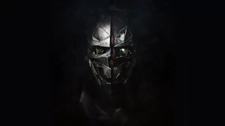 A striking HD wallpaper featuring Corvo Attano from the video game Dishonored 2, emphasizing his iconic, intricately designed mask amidst a dark backdrop.