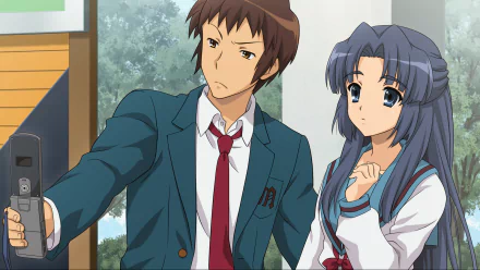 HD anime desktop wallpaper featuring Kyon and Ryōko Asakura from The Melancholy of Haruhi Suzumiya in school uniforms, set against a natural background.