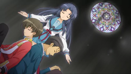 HD anime wallpaper of The Melancholy of Haruhi Suzumiya: Kunikida, Taniguchi, and Ryōko Asakura floating peacefully against a dark background with a colorful mandala.