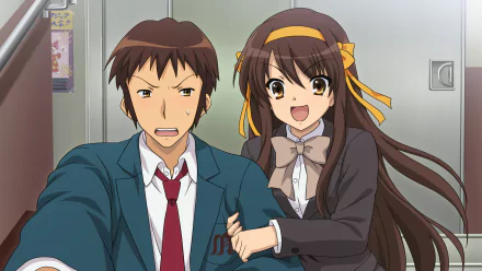 HD anime desktop wallpaper featuring Kyon and Haruhi Suzumiya from The Melancholy of Haruhi Suzumiya, with Haruhi smiling and Kyon looking surprised.