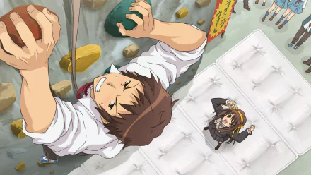 HD PC desktop wallpaper background from The Melancholy of Haruhi Suzumiya: Kyon climbs an indoor rock wall reaching up while Haruhi Suzumiya cheers below, anime.