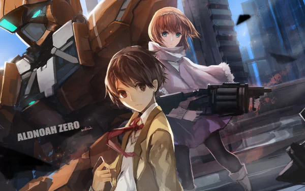 Asseylum Vers Allusia and Inaho Kaizuka stand dramatically against a futuristic backdrop, featuring mechs, in this HD Aldnoah.Zero anime wallpaper.