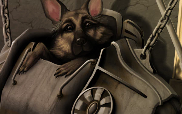 HD desktop wallpaper of Fallout 4 featuring Dogmeat peeking from a piece of Power Armor. The image combines elements from the video game in a detailed and immersive background.