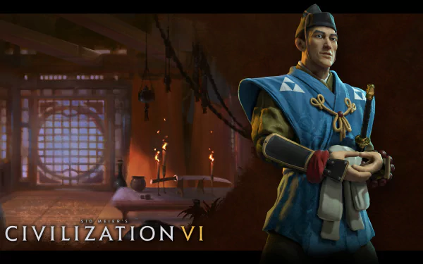 5K Ultra HD PC wallpaper: Hojo Tokimune as Japan leader from Civilization VI, in ceremonial armor holding a scroll inside a dim Japanese chamber.