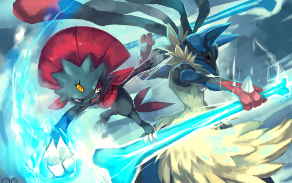 HD desktop wallpaper from the video game Pokken Tournament, featuring Weavile with red eyes and claws, and Mega Lucario brandishing a glowing blue bone. Both Pokémon are depicted in action.