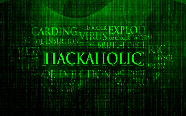 HD PC desktop wallpaper featuring green digital text with hacking-related terms like HACKAHOLIC, VIRUS, and EXPLOIT, set against a tech-inspired background.