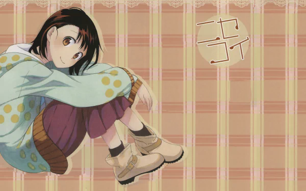 A HD desktop wallpaper featuring Kosaki Onodera from the anime Nisekoi, showcasing her playful expression against a pastel checkered background.