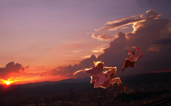 HD PC desktop wallpaper featuring anime characters Tenshi Hinanawi and Iku Nagae from Touhou against a vibrant sunset sky background.
